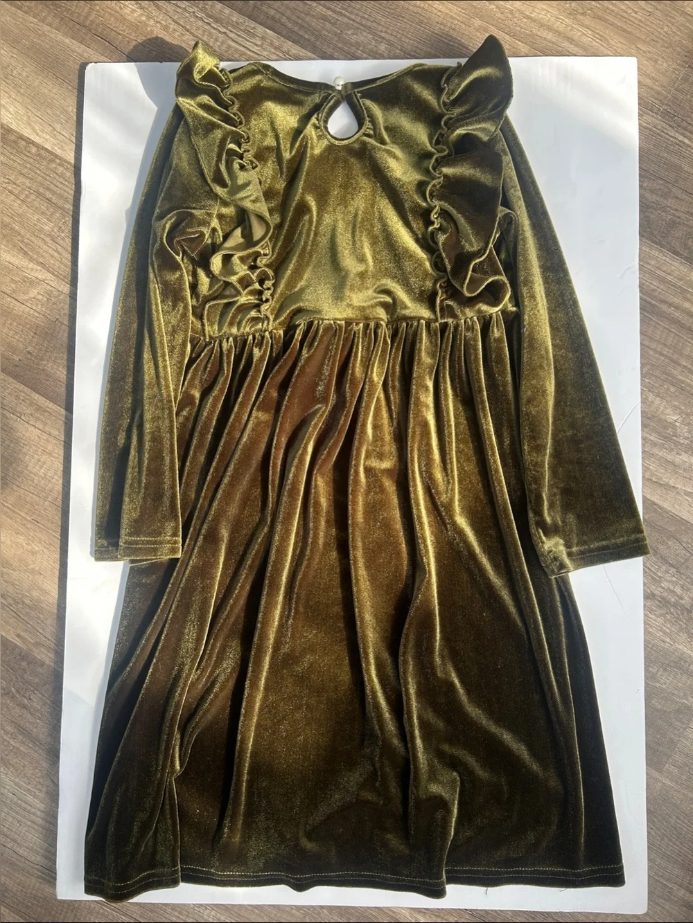 Girls Velvet Bow Party Dress - Olive
